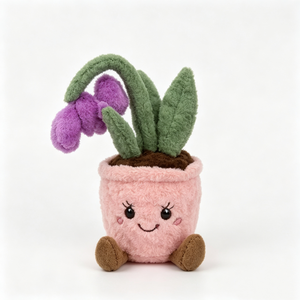 Plante en peluche personnalisée, charmante et dynamique, avec pot rose et fleur violette, feuilles vertes et visage brodé. - Product Image 4