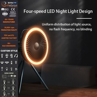 Ventilateur de table portable rechargeable à piles avec lanterne LED pour le camping, les tentes et l'extérieur, construction en plastique, moteur DC sans balais