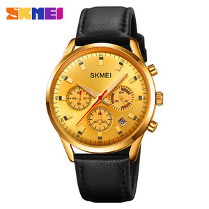 Skmei Men's Quartz Watch Chronograph Calendar Water Resistant Leather Strap Gold Case Black Dial - Product Image 5