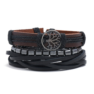 Bracelets en cuir tressé avec perles en bois Arbre de Vie noir, ensemble de bracelets en cuir noir multi-couches pour hommes, vente en gros - Product Image 2