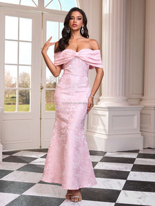 Vestido de Noche Formal Elegante de Moda para Mujer, Estilo Maxi, Color Rosa, Sin Mangas, Cuello en V, Hombros Descubiertos, Natural - Product Image 2