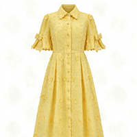 Robe chemise plissée Miyake élégante jaune à broderies florales pour femme, coupe trapèze mi-longue avec ceinture, directement de l'usine