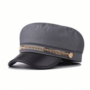 หมวกเบเร่ต์แฟชั่นอังกฤษ ฤดูใบไม้ผลิ/ฤดูใบไม้ร่วง ปี 2025 ตกแต่งด้วยโซ่โลหะลายก้างปลา ปีกหมวกทำจากหนัง PU  แบบปรับได้ หมวกทรงกัปตัน - Product Image 5