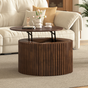 Tavolino da Caffè Rotondo VIBE HAUS con Piano Sollevabile, Moderno in Legno Scanalato con Vano Nascosto per Soggiorno - Product Image 3