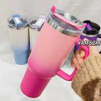 Vente en gros de gobelet en acier inoxydable irisé dégradé de 40oz personnalisé avec poignée classique moderne tasses de voiture de fête en paille isolées sous vide