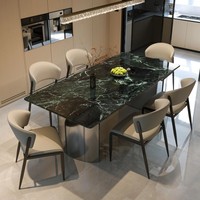 Table à manger en marbre de luxe moderne haut de gamme pour 6 personnes, pieds en acier inoxydable imperméables - Ensemble de meubles de salle à manger écologiques