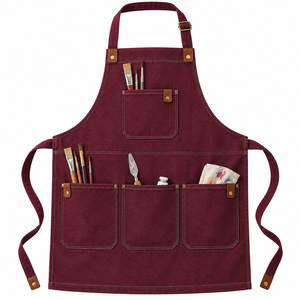 Tablier de peintre bordeaux avec trois poches inférieures pour outils et attaches réglables pour ateliers d'art - Product Image 1