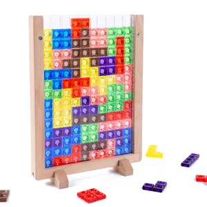 Russian Blocks Puzzle,Colorful Plastic Blocks Game with Vertical Wooden Frame Game Board,Tangram Educational Toys for Kids