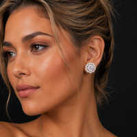 Anting-anting Stud Halo Bunga Matahari Mewah Bertabur CZ, Lapisan Emas 18K, Perhiasan Kuningan, Hadiah Pernikahan/Pesta untuk Wanita