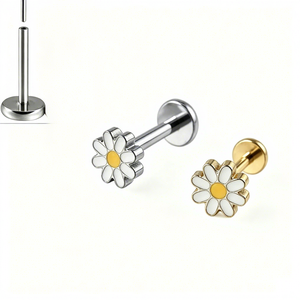 <span class=keywords><strong>Orecchini</strong></span> Piercing in Titanio ASTM F136 G23 Senza Filettatura, Labret, Helix, Tragus, con Fiore <span class=keywords><strong>Margherita</strong></span> Smaltato e Chiusura a Pressione Piatta - Product Image 1