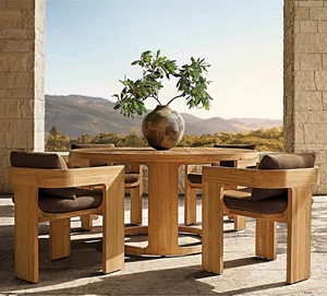 Ensemble de meubles de salle à manger d'extérieur en teck moderne et luxueux avec fauteuils en rotin et table rectangulaire en teck - Product Image 5