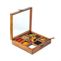 Boîte de rangement pour épices carrée en bambou durable et écologique, fabriquée à la main, avec 9 compartiments et couvercle en verre, accessoire de cuisine