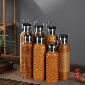 Bamboo Woven Insulated Water <b>Bottle</b> Stainless Steel <b>Thermos</b> Portable Outdoor Camping Hot Water Flask Straight Cup Screw Cap - Product Image 1