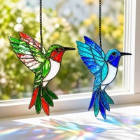 Ensemble de attrape-soleil artisanal en vitrail colibris, en verre cathédrale, à suspendre à la fenêtre, design couleur personnalisé