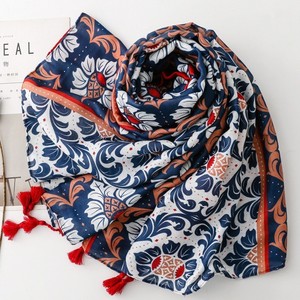 Red and Blue Contrasting Color Vintage Floral Scarf Bohemian Exotic Ethnic Style Scarf Breathable <b>Sunscreen</b> Shawl - Product Image 4