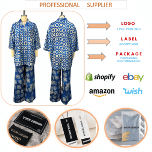 Tenues de mode pour femmes : <span class=keywords><strong>Ensemble</strong></span> deux pièces avec chemisier à manches chauve-souris et col en V imprimé et <span class=keywords><strong>pantalon</strong></span> droit – Vêtements africains - Product Image 2