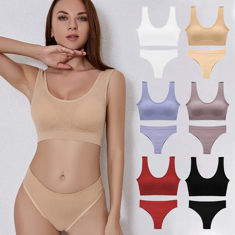 Kadın yastıklı sütyen ve brezilyalı külot seti dikişsiz Bralette kısa spor seksi Thongs külot kız spor kırpma üst iç çamaşırı