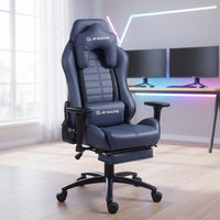 Chaise de jeu moderne JR Racing en cuir PU avec base à cinq étoiles, fonction d'inclinaison, hauteur réglable, repose-pieds extensible, bleue, pivotante