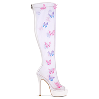 Bottes au-dessus du genou en maille blanche papillon pour femmes Peep Toe Platform Stiletto High Heel Fashion Boots