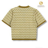 2025 kustom OEM & ODM wanita musim semi kasual Crew leher pendek lengan mengembang dengan setengah saku sweter bergaris efek Pullover