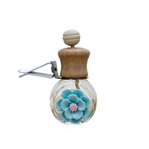 Empty round glass car air freshener Diffuser vent clip with screw cap <b>Pink</b> flower glass <b>bottle</b> - Product Image 5