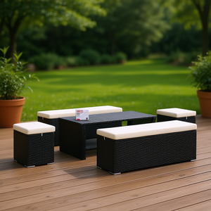 Ensemble de jardin en rotin blanc crème et noir avec structure en métal thermolaqué, mobilier d'extérieur au design contemporain - Product Image 2