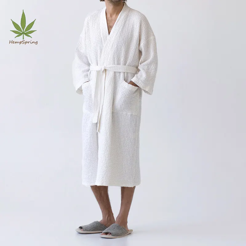 Bata de baño de lino blanco para mujer, Kimono de algodón orgánico con forma de panal de abeja, para dormir