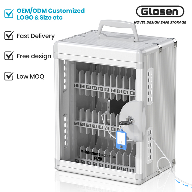 Glosen 36 Slots Rectangle Aluminium Alloy Mobile Phone Storage Cabinet Wall Mount Classroom Lock Custom Grey Minimalist 2kg Safe