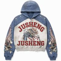 Fábrica de Ropa Urbana |   Sudadera con capucha y cremallera para hombre, con corte personalizado, lavado ácido, bordado de apliques, serigrafía y decoración de pedrería