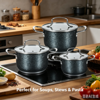 Batterie de cuisine moderne en acier inoxydable triple couche, casseroles et faitouts avec couvercles en verre, écologique, compatible induction, passe au lave-vaisselle, compatible gaz, personnalisable