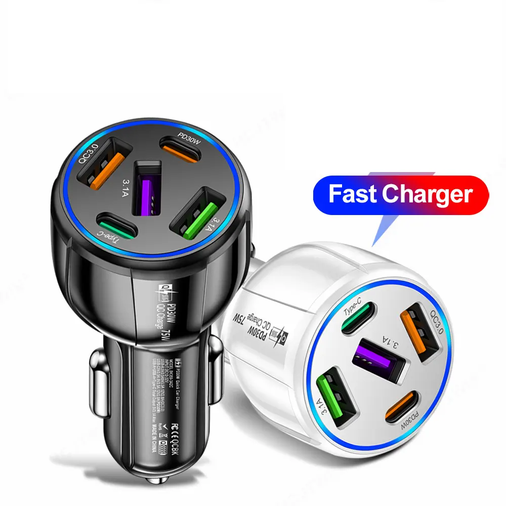 2023 New Design Dual Line 3 USB QC3.0+2 Type C PD30W Car Charger Power 75W Digital Product Charger for iPhone 14 ProMax Samsung