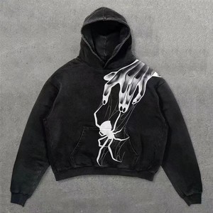 Felpa con Cappuccio con Grafica Punk di Ragno e Farfalla, Pullover Oversize Nero Effetto Lavato Retrò Unisex, Felpa Streetwear Grunge - Product Image 1