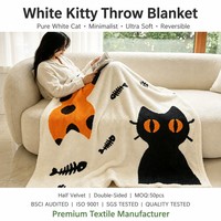 Plaid Doux Réversible Motif Chat Blanc Dessin Animé, Crème Orange à Pois et Motif Arête de Poisson, en Demi-Velours, pour Lecture, Détente et Loisirs