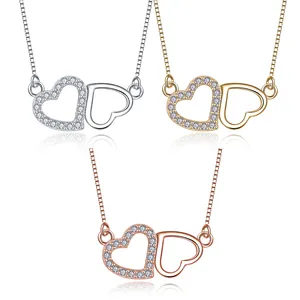 New Style 925 Sterling Silver Double Hearts Necklace Wholesale CZ Valentine Hearts Fine Woman Necklace Jewelry