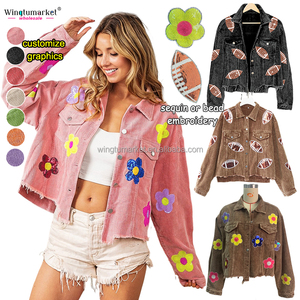 <span class=keywords><strong>Veste</strong></span> courte personnalisée pour <span class=keywords><strong>femme</strong></span> Vintage Wash Fringe Corduroy Shacket Baseball Football Broderie Sequin Patch Vestes pour femmes - Product Image 6