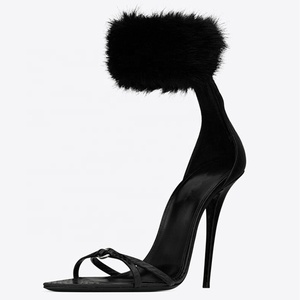 Big Size 45 Spring Summer Women Stiletto Soft Fur Ankle Strap High Heels Dress Sandals Back Zip Outdoor <b>Shoes</b> Party Pumps - Product Image 1