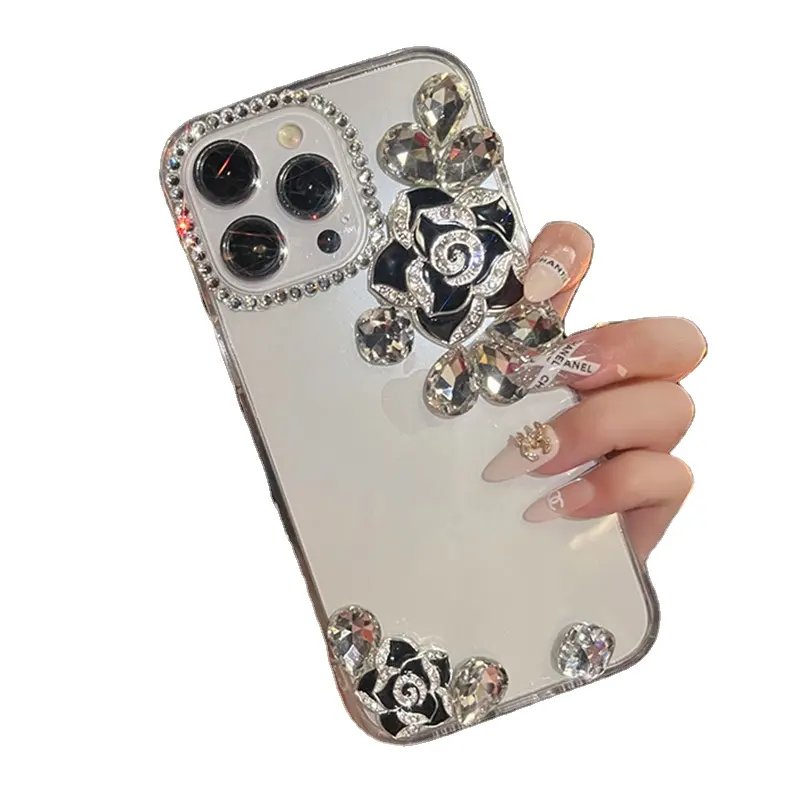 3D Bling Diamond Camellia Flower Glitter Crystal Phone Case para iPhone 14 13 12 11 Pro Max X XS XR 7 8 Plus SE Mini cubierta