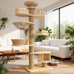 Arbre à chat autoportant réglable en hauteur avec poteaux à gratter en bois et en sisal, mobilier pour chat écologique et durable - Product Image 4