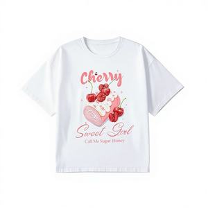 Camiseta con estampado Cherry Sweet Girl para mujer, cuello blanco, manga corta, informal, para primavera y verano, lavable a máquina, de algodón, Sweet-Line - Product Image 1