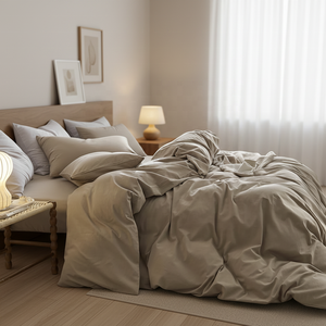 Ensemble de literie personnalisable en coton lavé 100% durable 400TC, tissu naturel tissé, drap plat, housse de couette, style moderne - Product Image 5