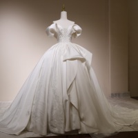 Robe de mariée de bal 3700, épaules dénudées, manches bouffantes, dentelle florale, corset perlé de cristaux, satin, grandes tailles, sur mesure, vente en gros