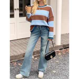 Pull tricoté rayé surdimensionné personnalisé pour femme, col rond, manches longues, coupe ample, collection automne - Product Image 5