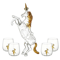Ensemble de carafe en verre en forme de licorne, bouteille à liqueur licorne dorée avec 4 verres à vin licorne pour la décoration de bar, cadeau