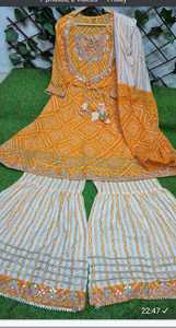 Indian Bandhej Festive Sharara With Flared Kurti and Dupatta Set for <b>Woman</b> Designer Salwar Kameez Readymade Party Eth - Product Image 2