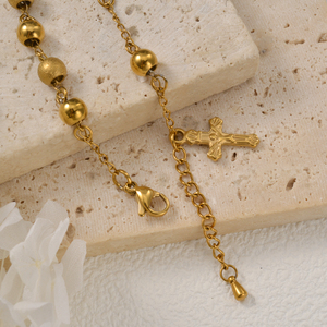 Pulsera de acero inoxidable italiano mate con cuentas y cruz de Jesús, ajustable, al por mayor, para mujer - Product Image 5