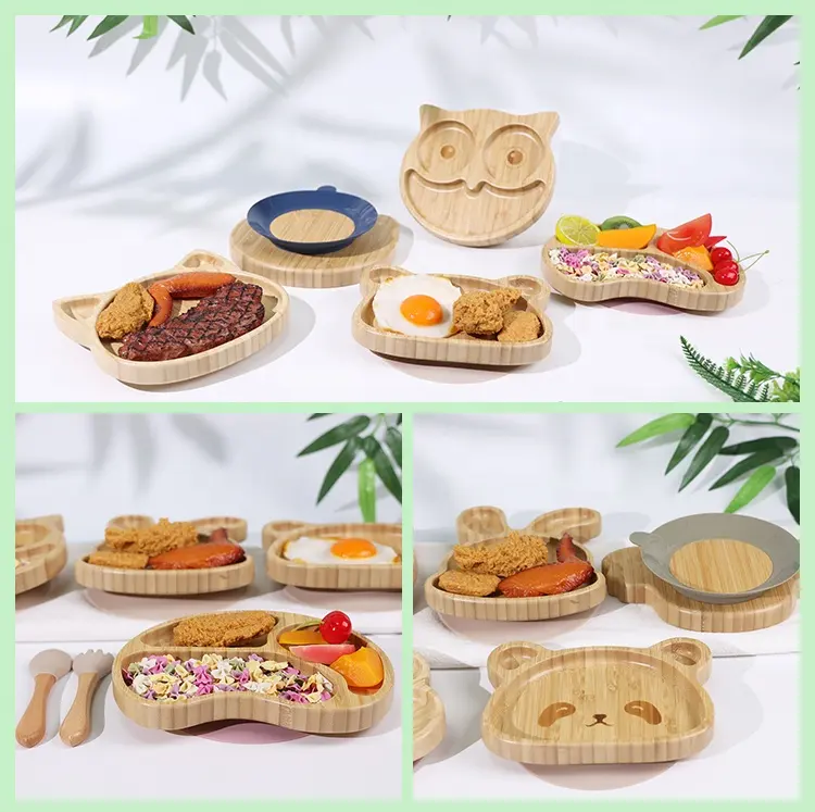 Custom Eco Vriendelijke Hout Voedsel Veilig Cadeau Siliconen Zuignap Baby Servies Kit Baby Bamboe Plaat Set Voor Baby Voeding Gebruiksvoorwerpen