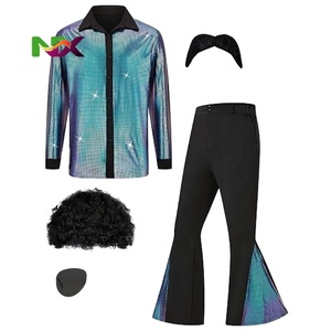 Costume d'Halloween Hippie <span class=keywords><strong>des</strong></span> années 1960-1970 pour Adultes Hommes, Tenue Brillante de <span class=keywords><strong>Chanteur</strong></span> Disco, Pantalon Patte d'Éléphant Évasé en Polyester - Product Image 1