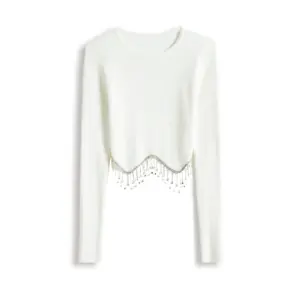 Strickwaren hersteller benutzer definierte weiße Woll mischung gestrickt Damen Pullover mit Rundhals ausschnitt, langen Ärmeln und schmaler Passform