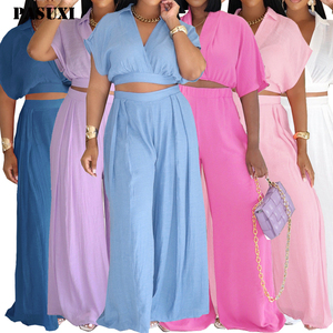 PASUXI Fashionable Custom <strong>Lounge</strong> Wear Sets <strong>Women</strong> Elastic Casual Female Pure Color Skinny Short Sleeve Cropped Top Wide-leg <strong>Pants</strong> - Product Image 1