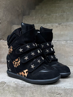 Bottes montantes à plateforme invisible incrustées de perles à imprimé léopard de la série Star Wild Order, avec bout en cuir véritable durable en forme d'étoile